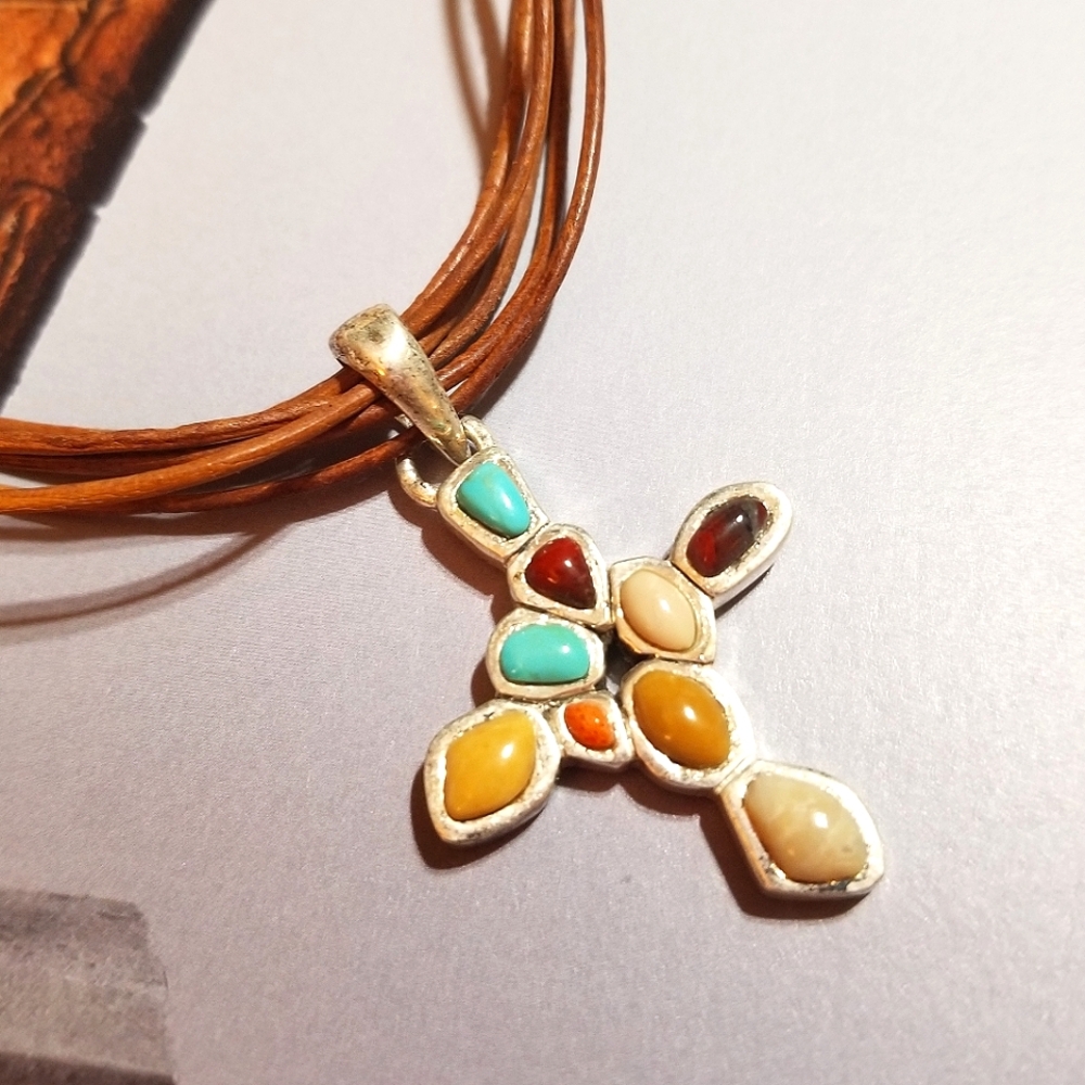 BARSE Retired Multi Gem Cross Necklace Sterling and Leather - Picture 2 of 7